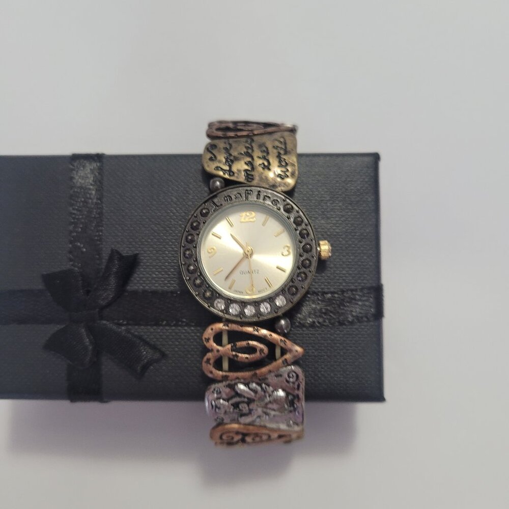Heart Bracelet Watch Gold, Silver, Copper Tones Stretch Band Womens